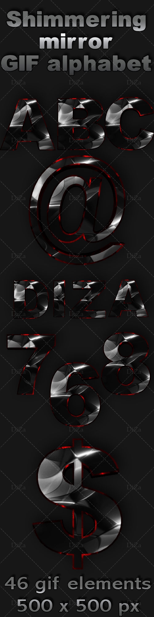 Shimmering mirror GIF alphabet on a transparent background