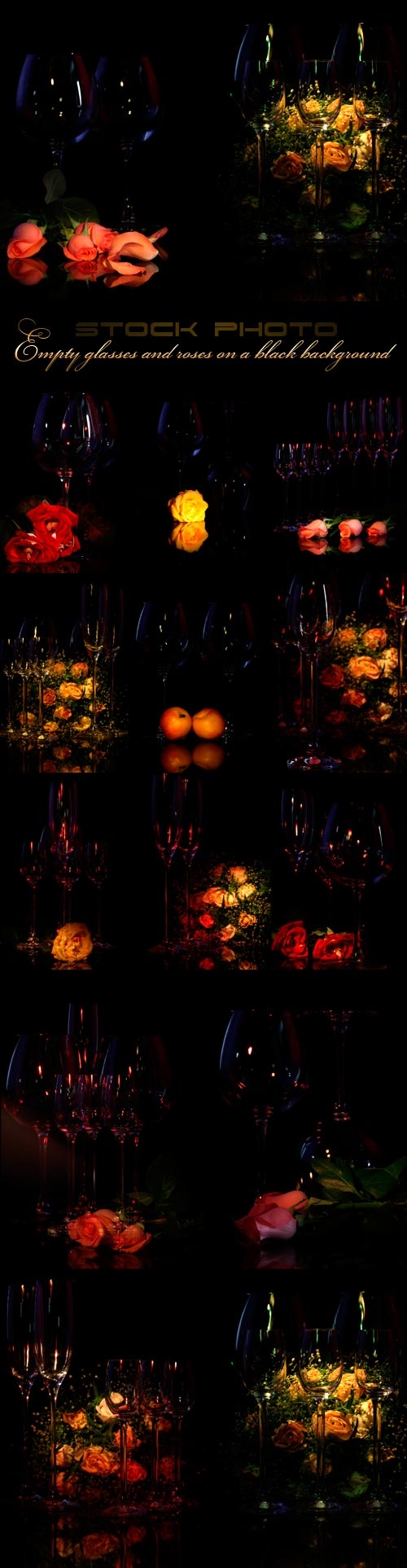 Empty glasses and roses on a black background